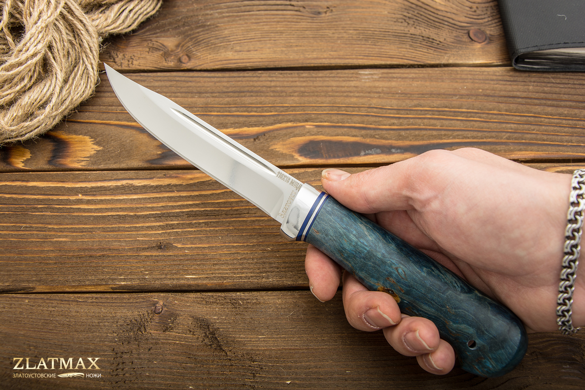 Нож Финка Тайга (110Х18М-ШД, Стабилизированная карельская береза синяя, Алюминий)
