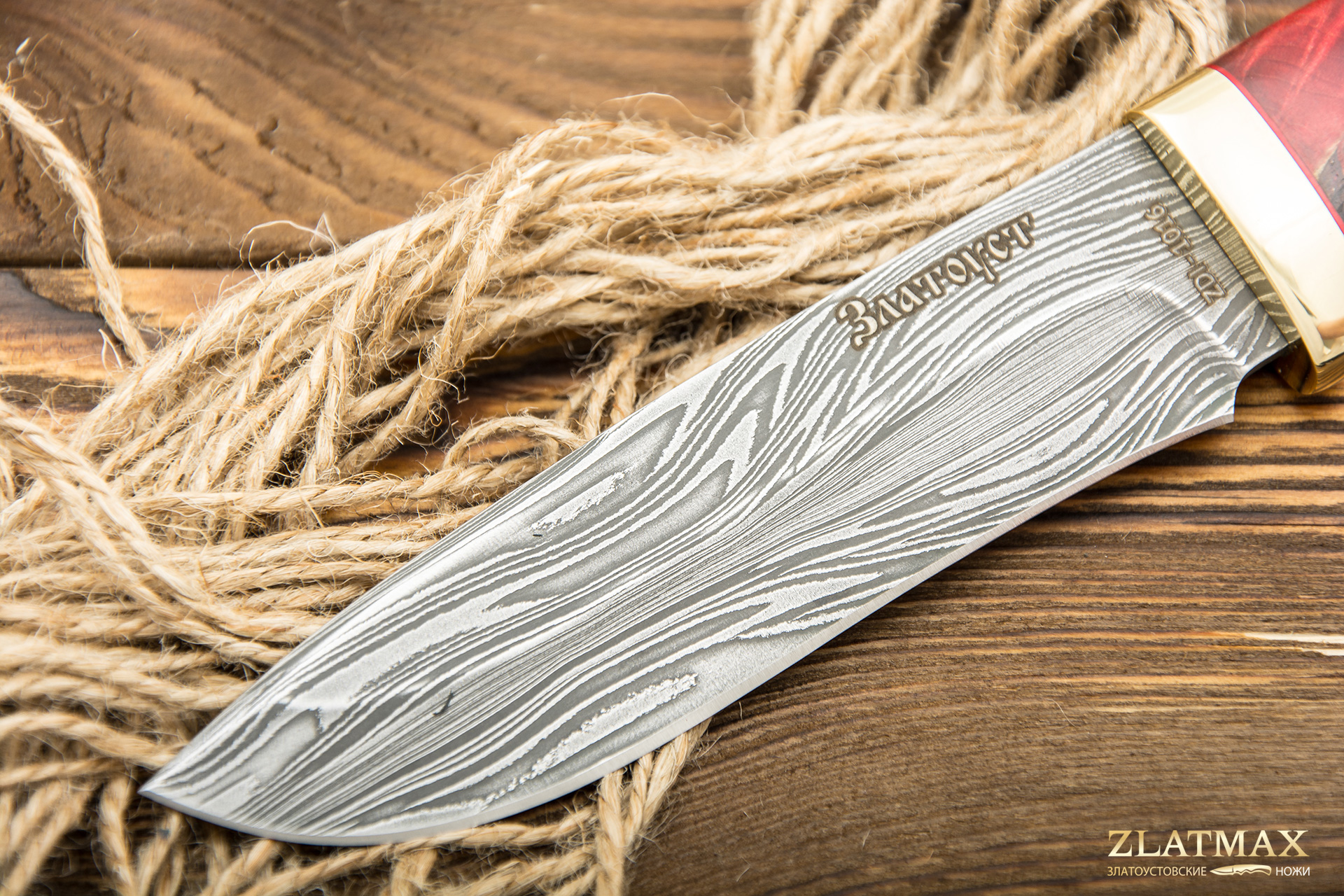 Нож Дуплет 2 с формованными ножнами (Дамаск ZDI-1016, Стабилизированная карельская береза, Латунь)