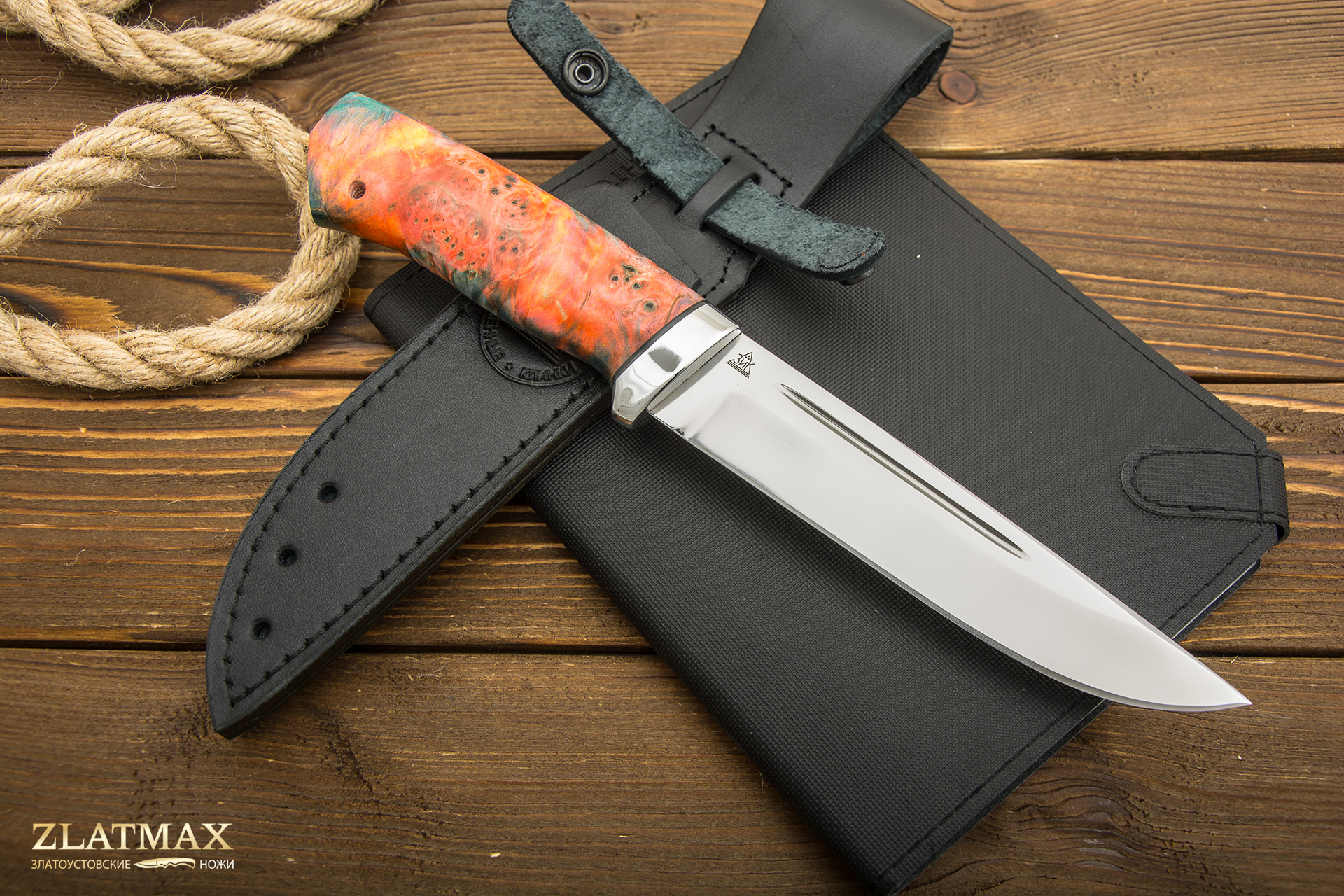 Нож Куница (ELMAX, Стабилизированный кап клёна Оранжевый, Алюминий)