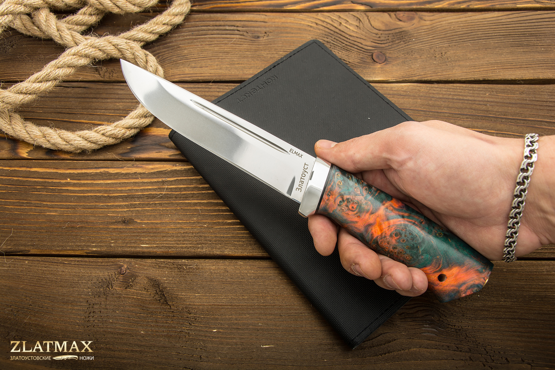 Нож Куница (ELMAX, Стабилизированный кап клёна Оранжевый, Алюминий)