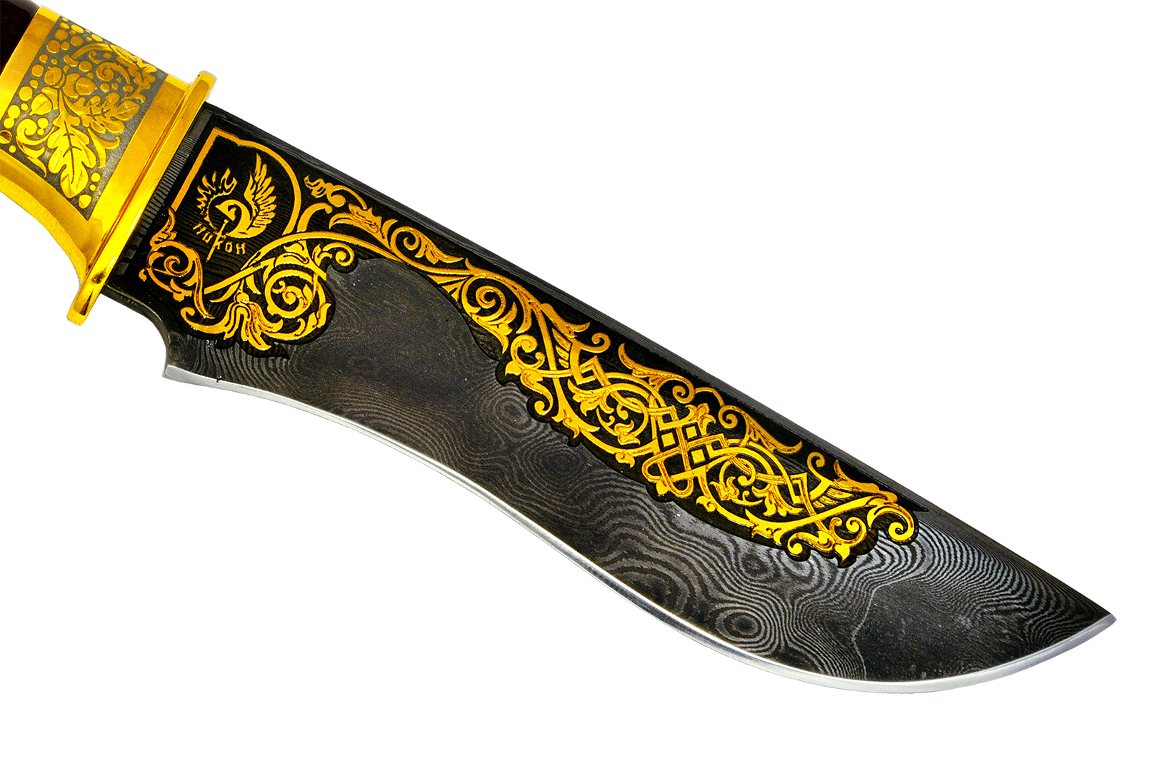 Нож «Тунгус» украшенный золотом (Дамаск, Кап, Латунь, Литье Волк)
