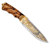 Нож Артыбаш украшенный (40Х10С2М (ЭИ-107), Стабилизированный кап, Латунь, Золочение клинка гарды и тыльника)