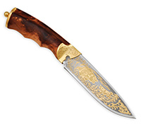 Нож Артыбаш украшенный v3 (40Х10С2М, Стабилизированный кап, Латунь, Золочение клинка гарды и тыльника)