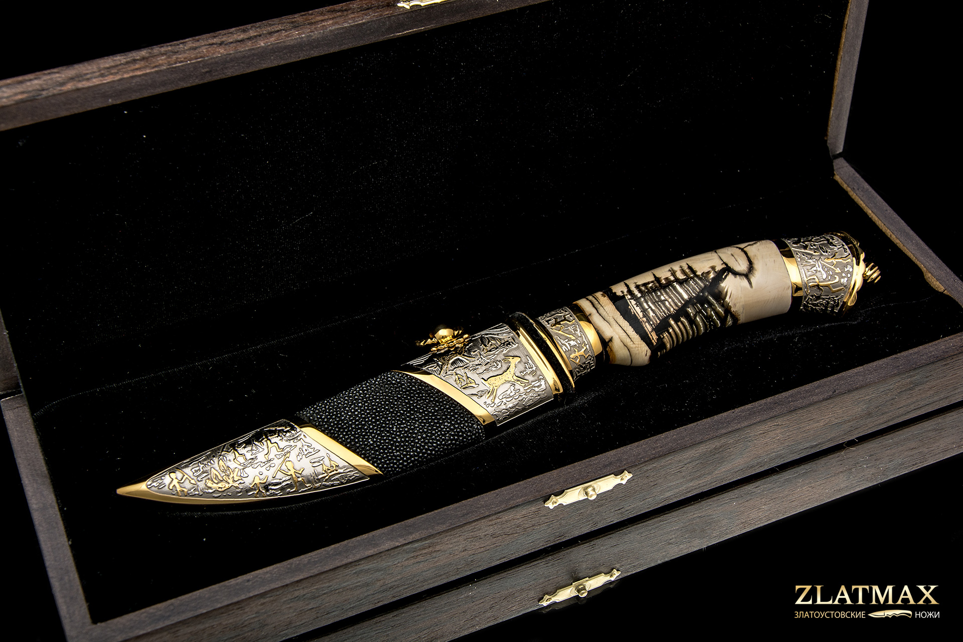 Подарочный авторский нож «Первобытная охота» (Дамаск, Бивень мамонта, Литьё, Золочение гарды и тыльника)