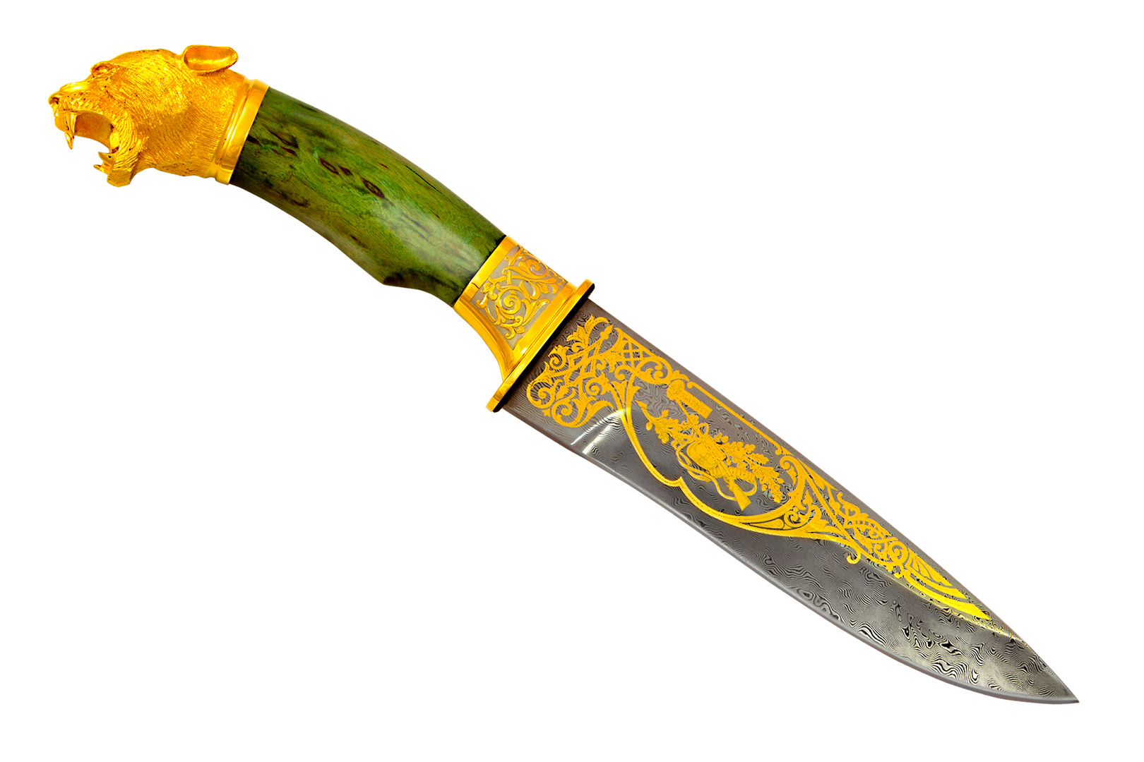 Украшенный нож Енисей (Дамаск, Стабилизированный кап, Латунь, Литье Пума)