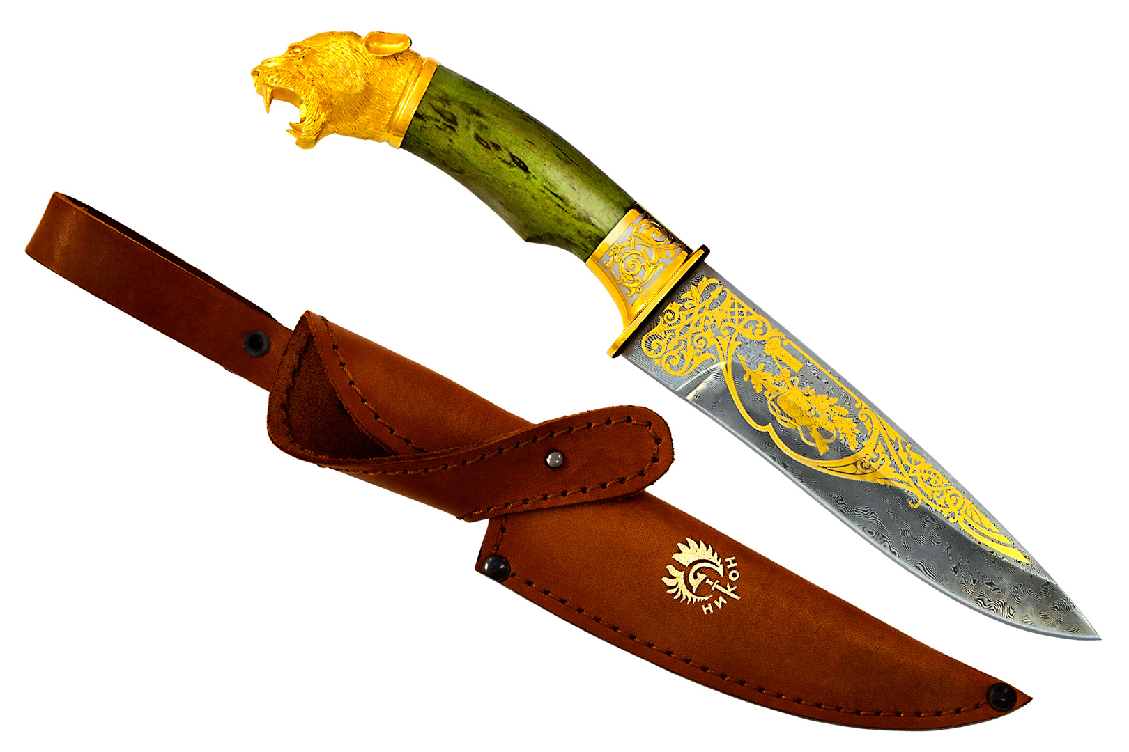 Украшенный нож Енисей (Дамаск, Стабилизированный кап, Латунь, Литье Пума)