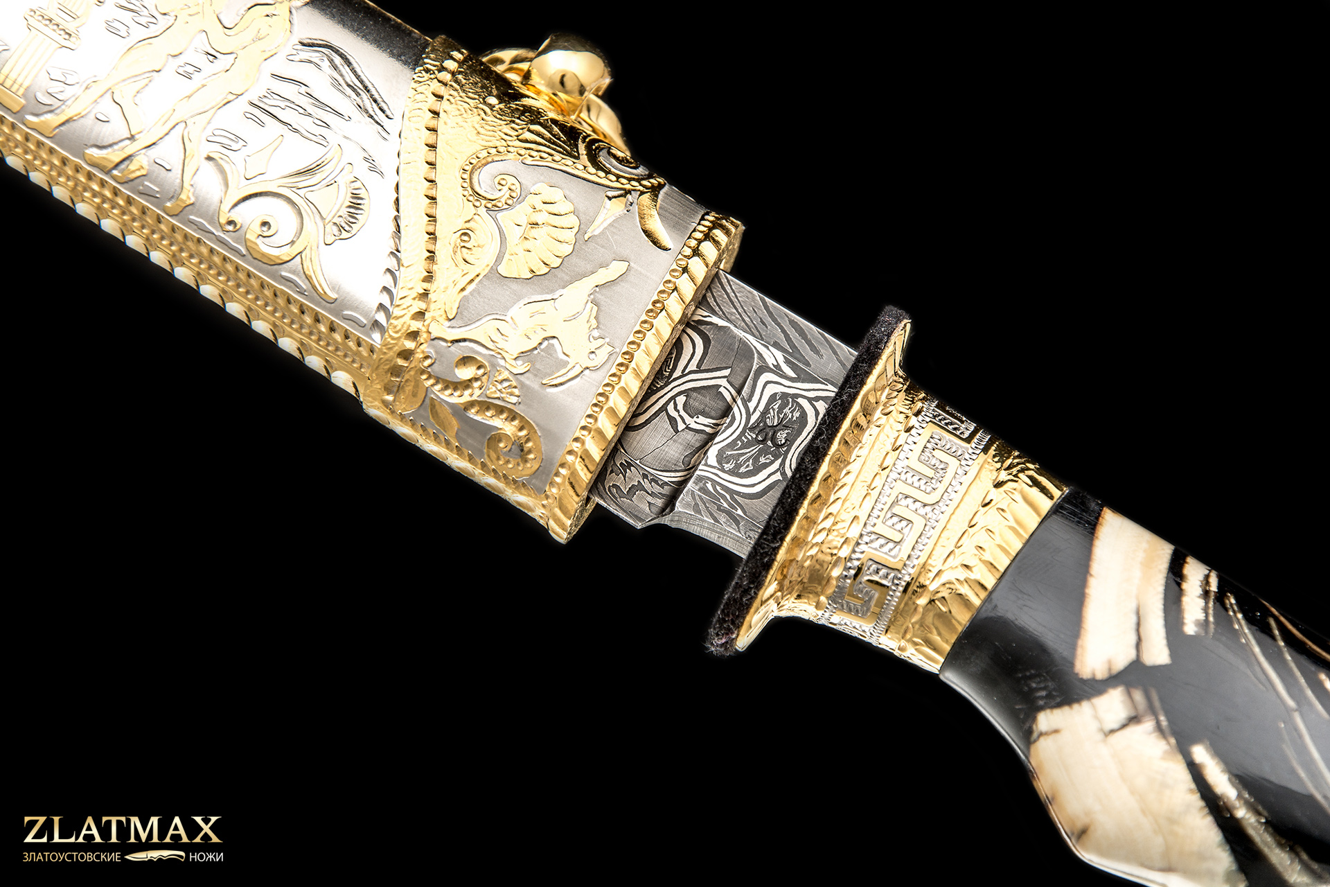 Подарочный авторский нож «Меандрос» (Дамаск, Бивень мамонта, Литьё, Золочение гарды и тыльника)