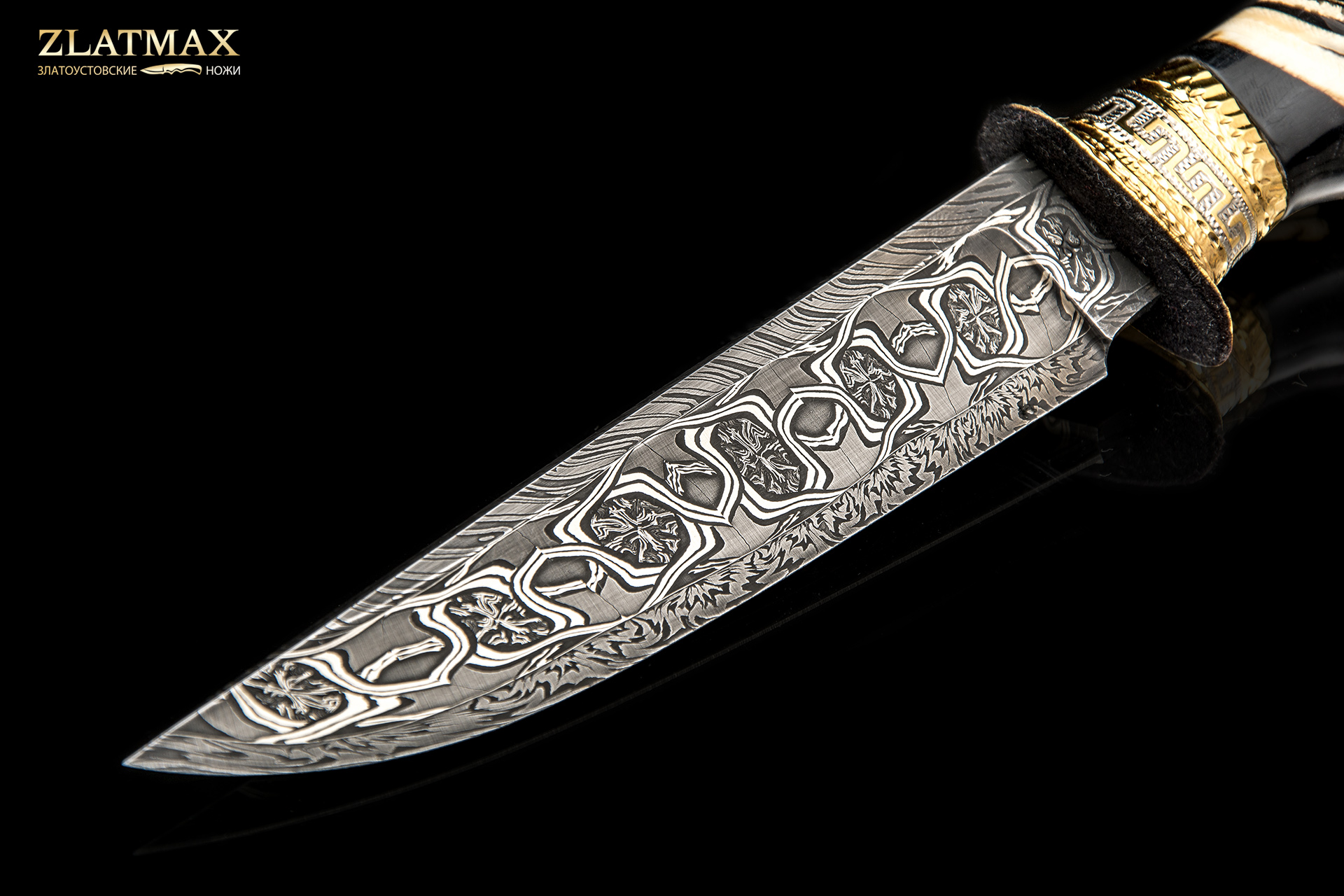 Подарочный авторский нож «Меандрос» (Дамаск, Бивень мамонта, Литьё, Золочение гарды и тыльника)