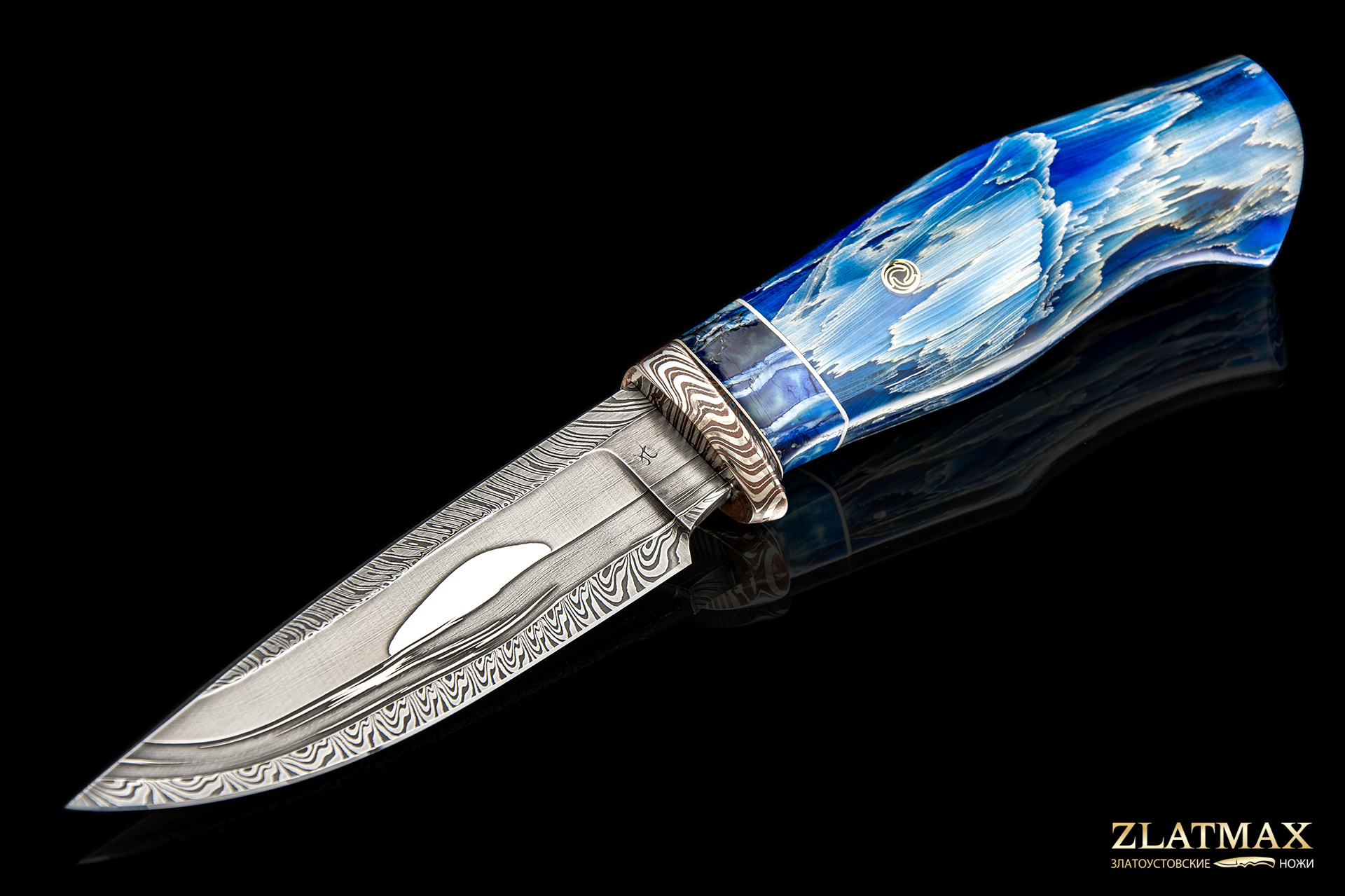 Подарочный авторский нож «Онкилон» (Дамаск, Бивень мамонта, Мокумэ-ганэ)