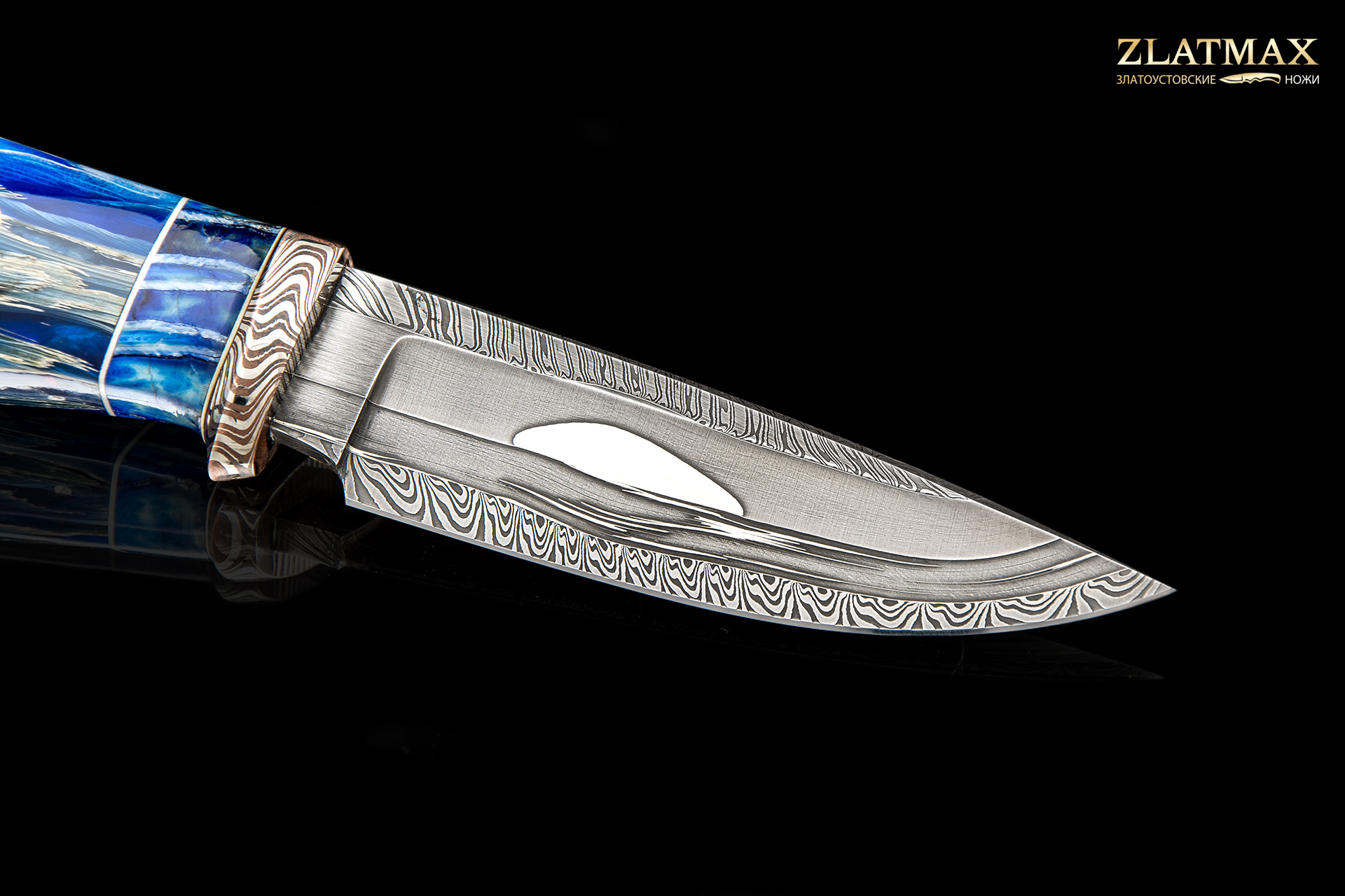 Подарочный авторский нож «Онкилон» (Дамаск, Бивень мамонта, Мокумэ-ганэ)