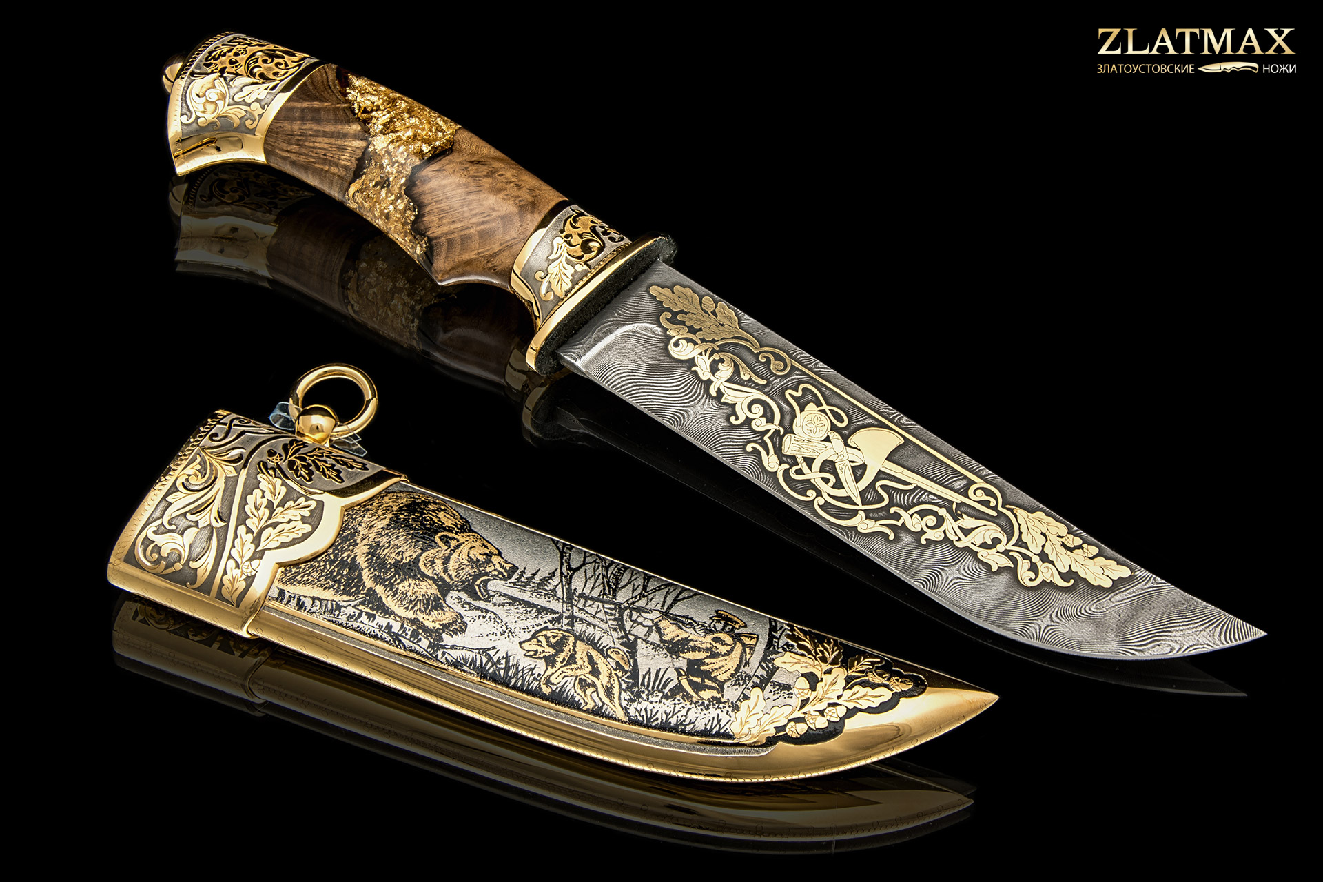 Нож Н5 подарочный «Степное золото» (Дамаск У10А-7ХНМ, Комбинированная люкс, Литьё, Золочение клинка гарды и тыльника)