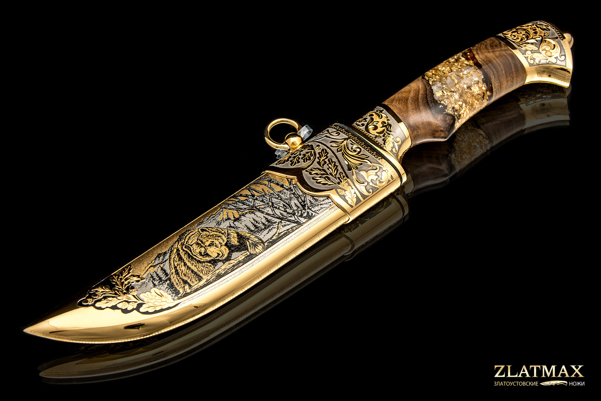 Нож Н5 подарочный «Степное золото» (Дамаск У10А-7ХНМ, Комбинированная люкс, Литьё, Золочение клинка гарды и тыльника)