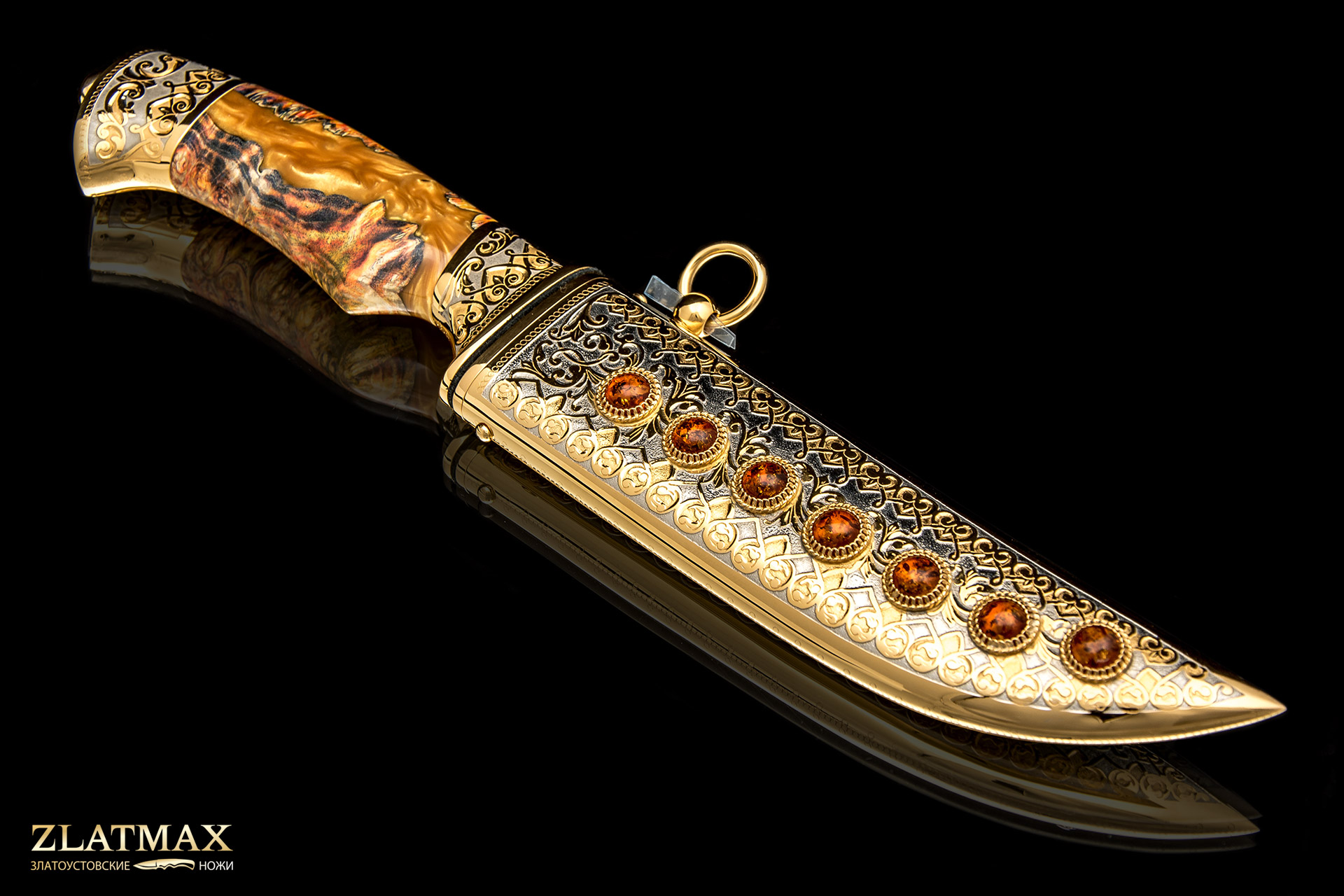 Нож Н69 подарочный «Степное золото» (Дамаск У10А-7ХНМ, Композит, Литьё, Золочение клинка гарды и тыльника)