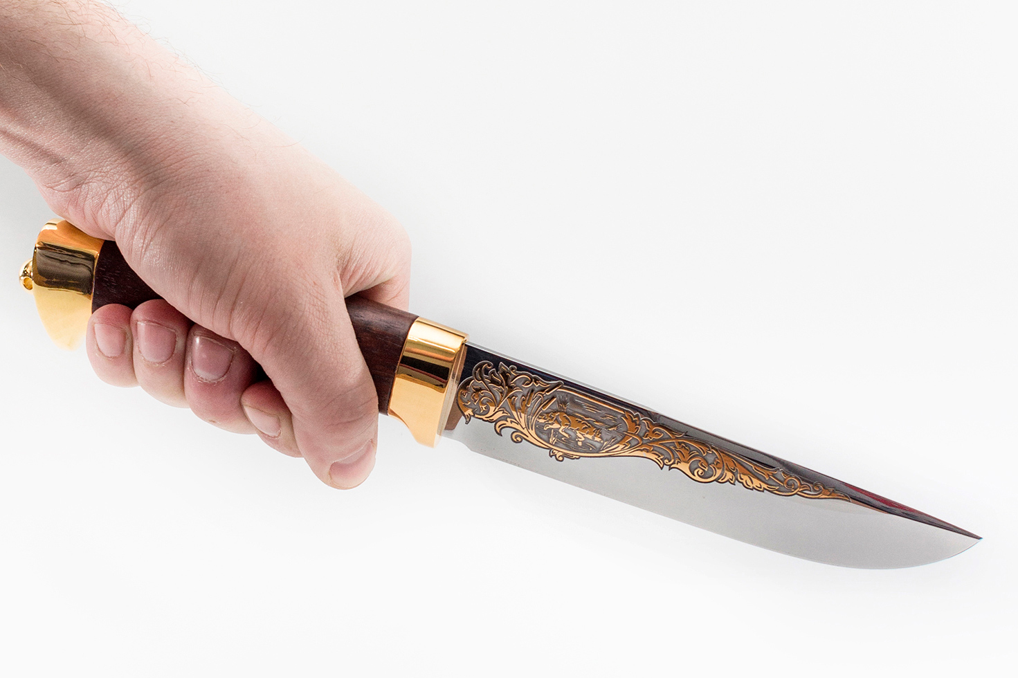Нож Лиса (40Х10С2М, Берёзовый кап, Латунь, Золочение)