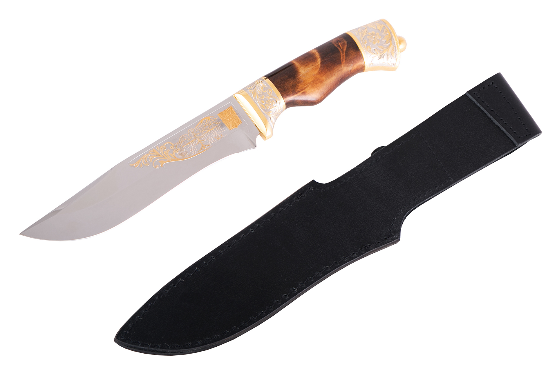 Нож Классический - Орнамент (40Х10С2М, Берёзовый кап, Латунь, Золочение)