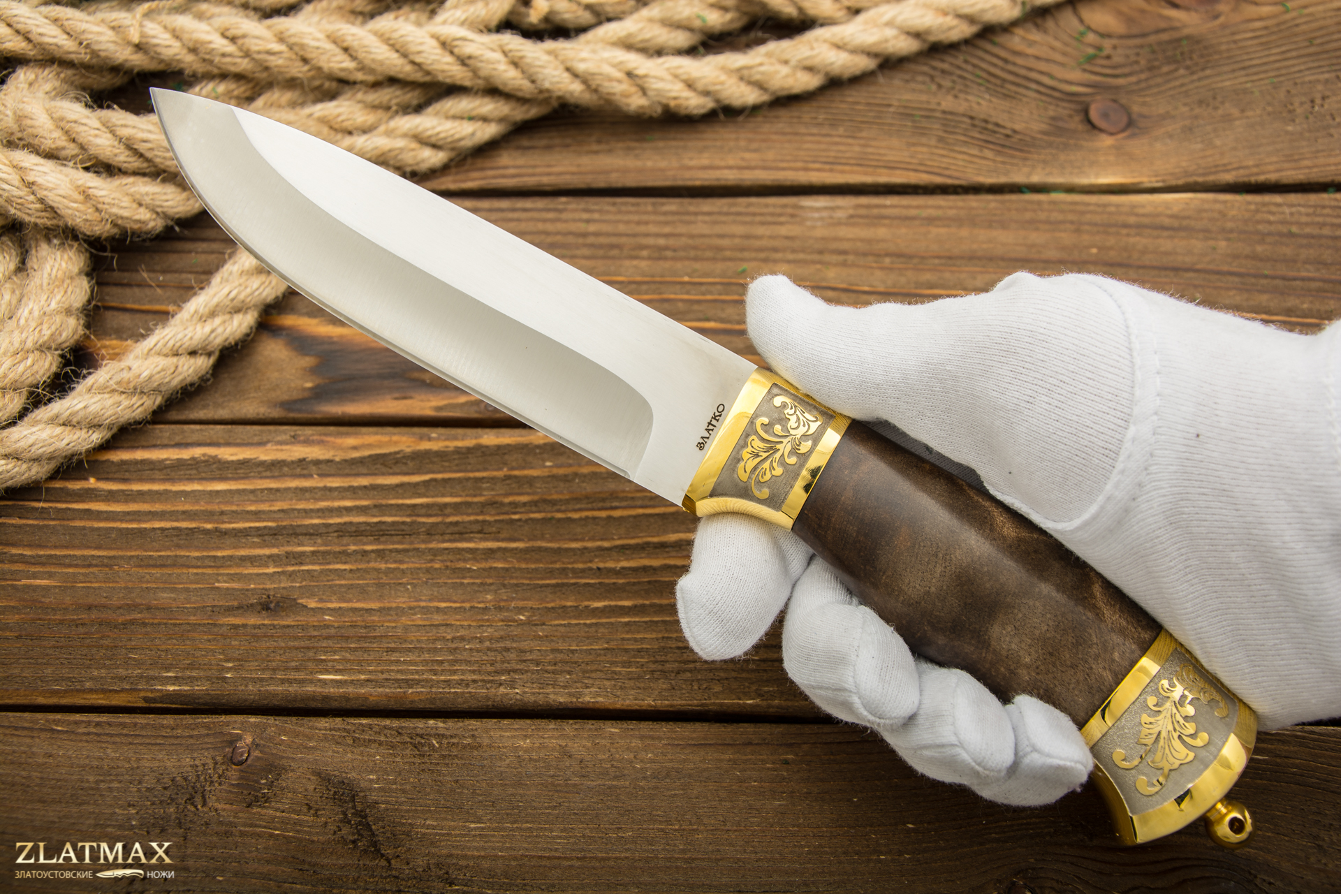 Нож Пума (100Х13М, Берёзовый кап, Металлический, Золочение клинка гарды и тыльника)