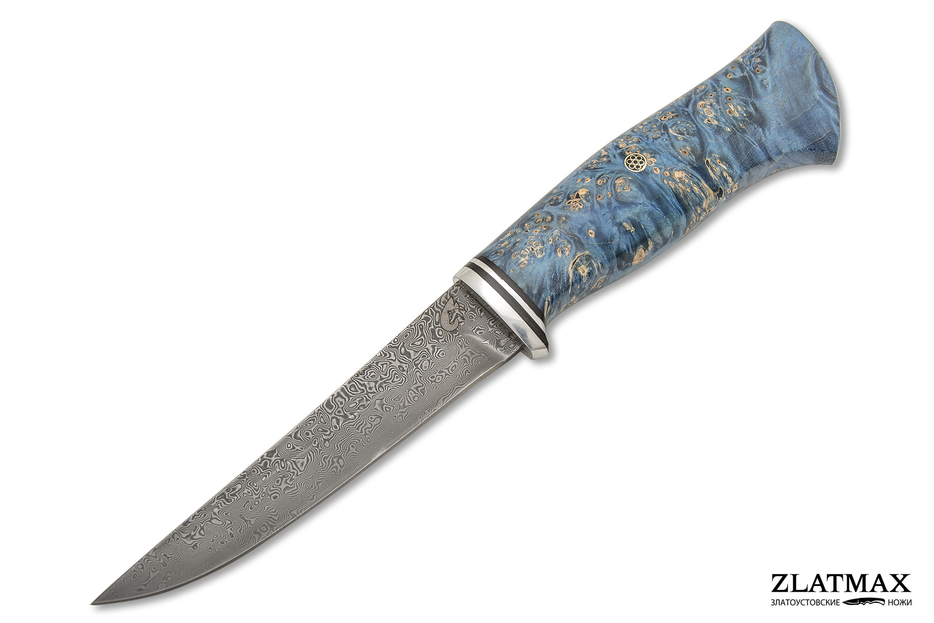 Нож Кержак-2 (Дамаск ZD-0803, Стабилизированный кап клёна Синий, Алюминий) фото-01