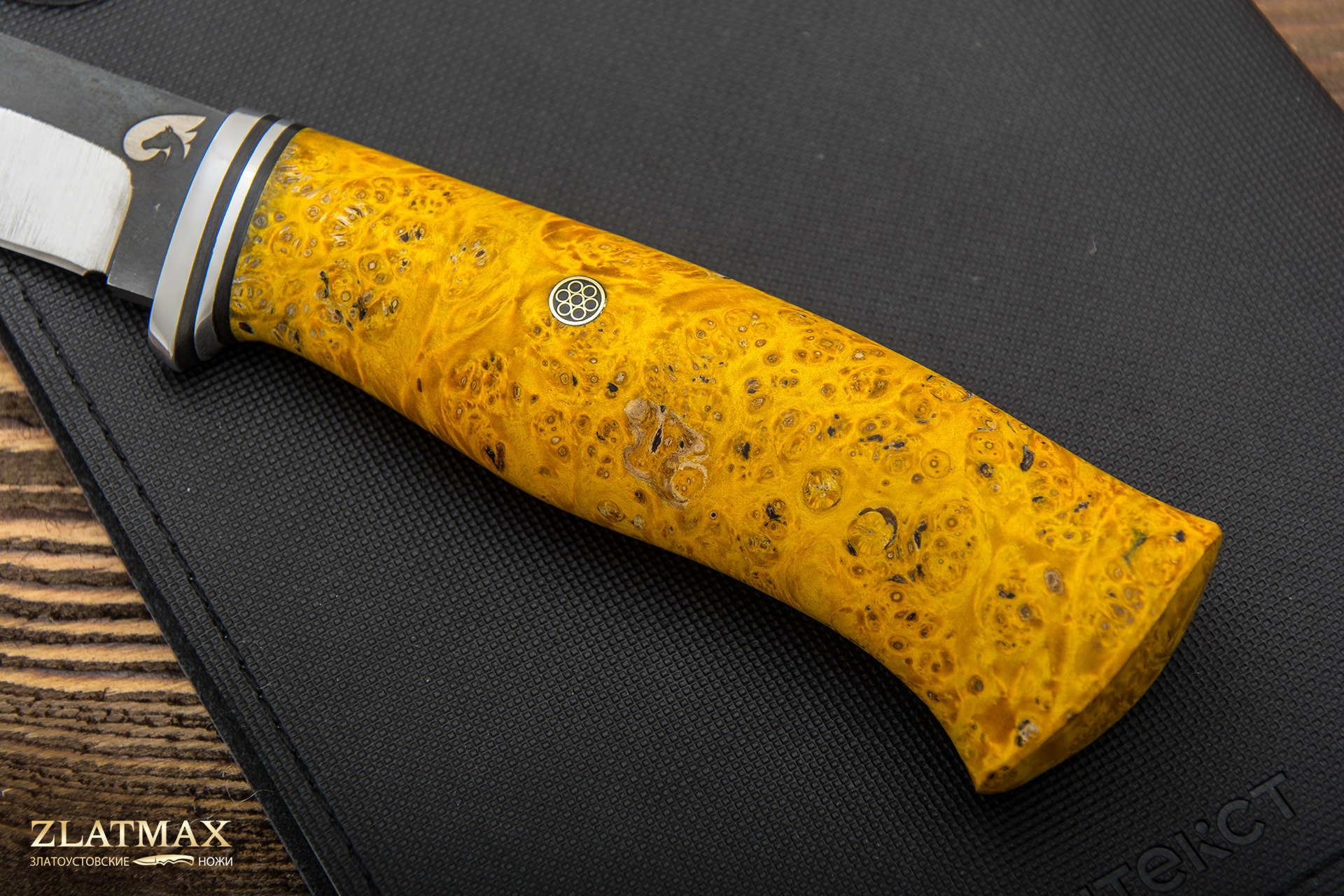 Нож Вукху (Х12МФ, Стабилизированный кап клёна Оранжевый, Алюминий)