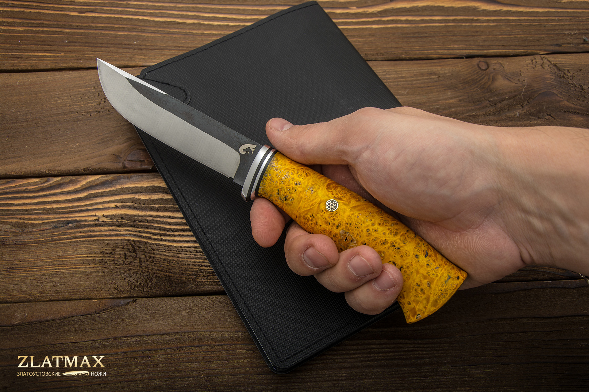 Нож Вукху (Х12МФ, Стабилизированный кап клёна Оранжевый, Алюминий)