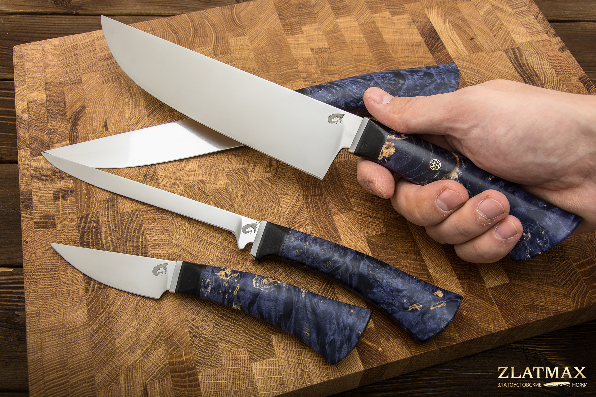 Набор кухонных ножей Кухонная четвёрка (ELMAX, Стабилизированный кап клёна Синий, Алюминий)
