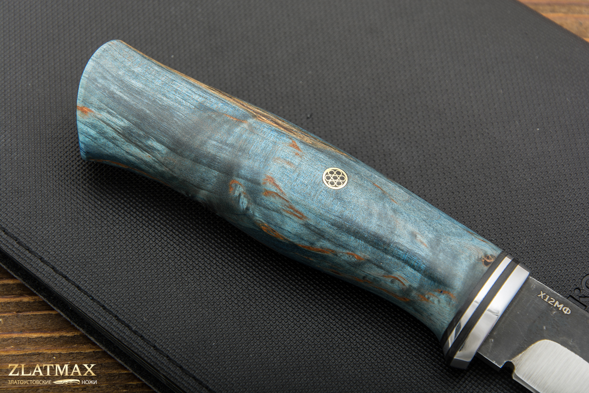 Нож Вукху (Х12МФ, Стабилизированная карельская береза синяя, Алюминий)