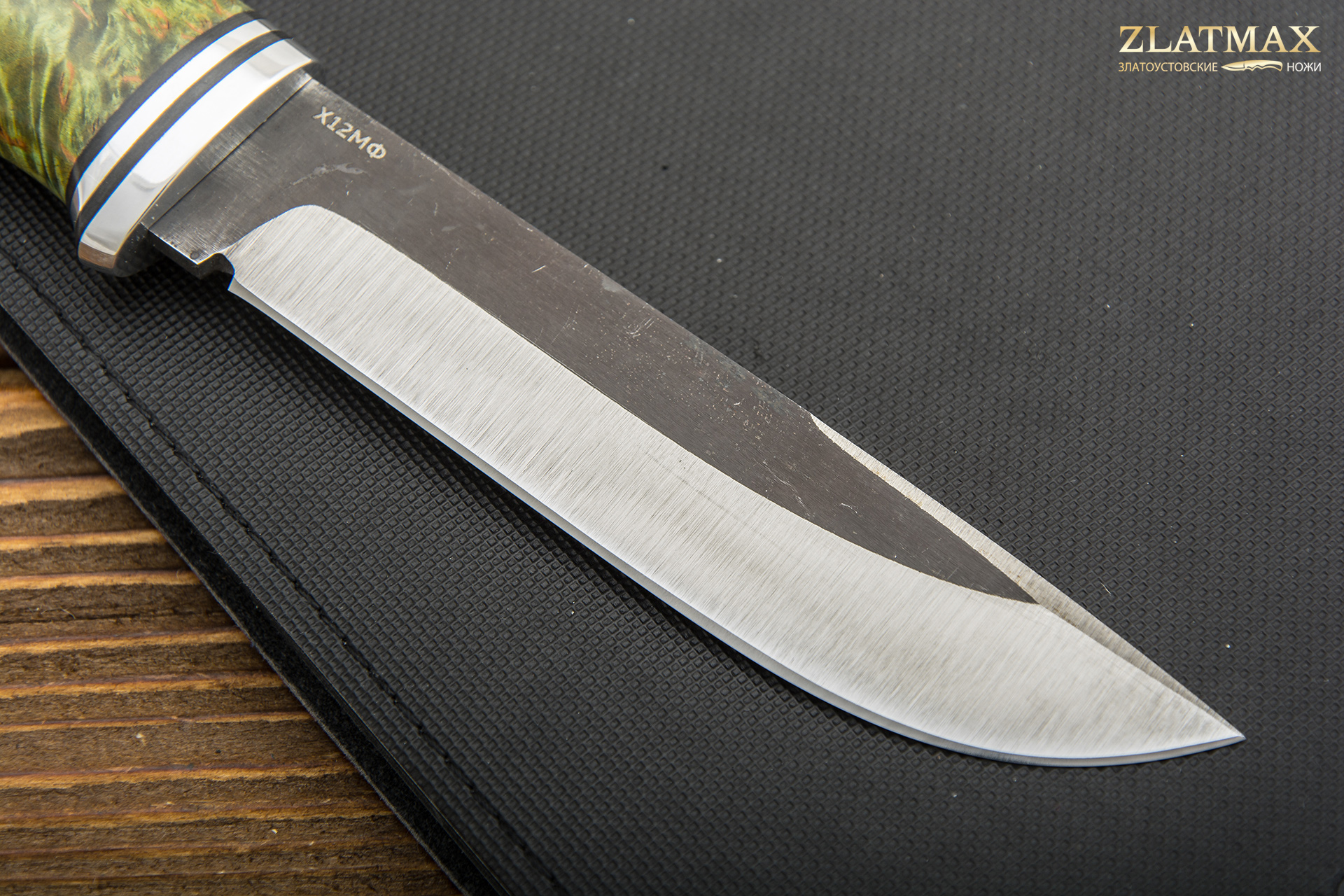 Нож Вукху (Х12МФ, Стабилизированная карельская береза зеленая, Алюминий, Сатинирование клинка)