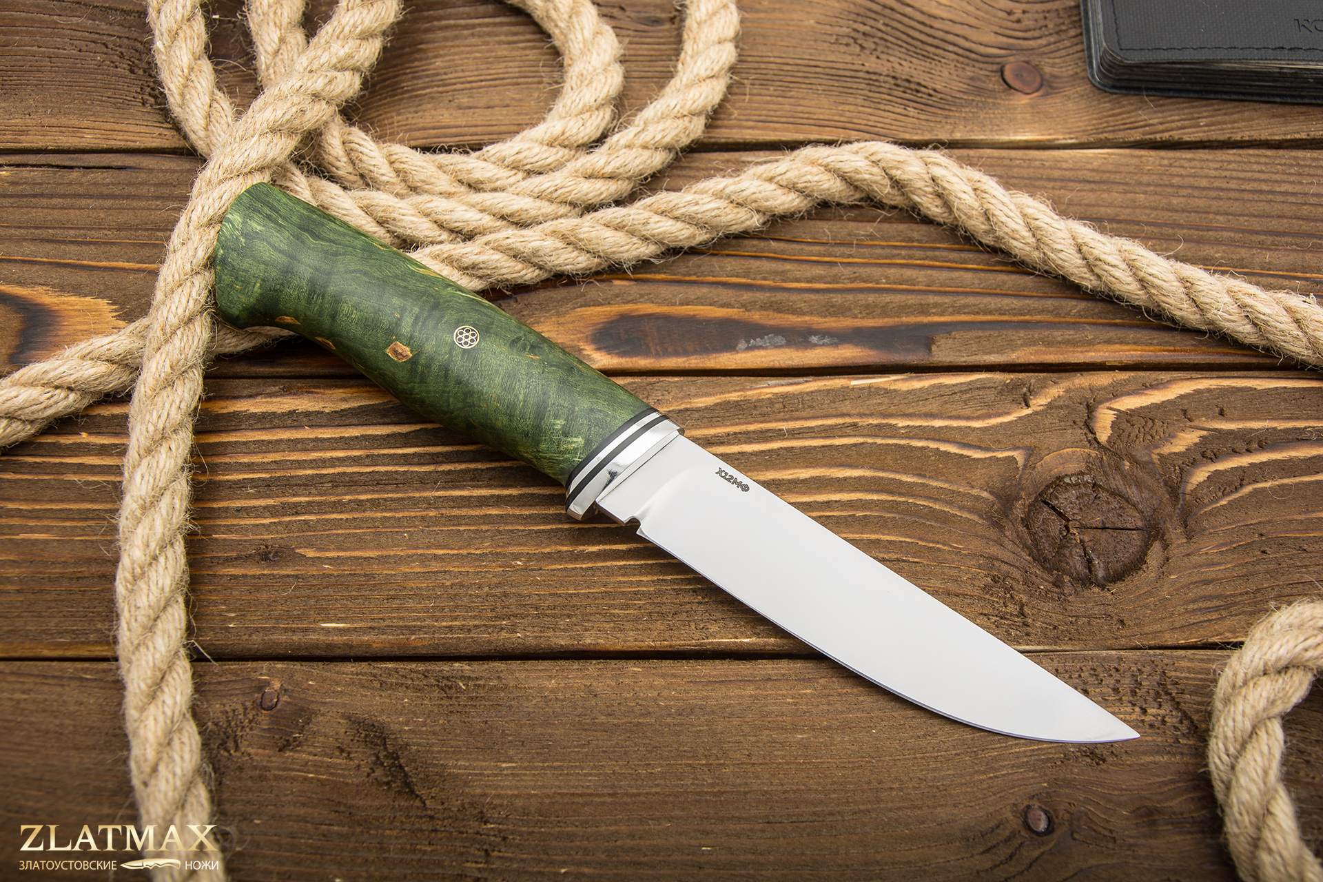 Нож Старпом (Х12МФ, Стабилизированная карельская береза зеленая, Алюминий)