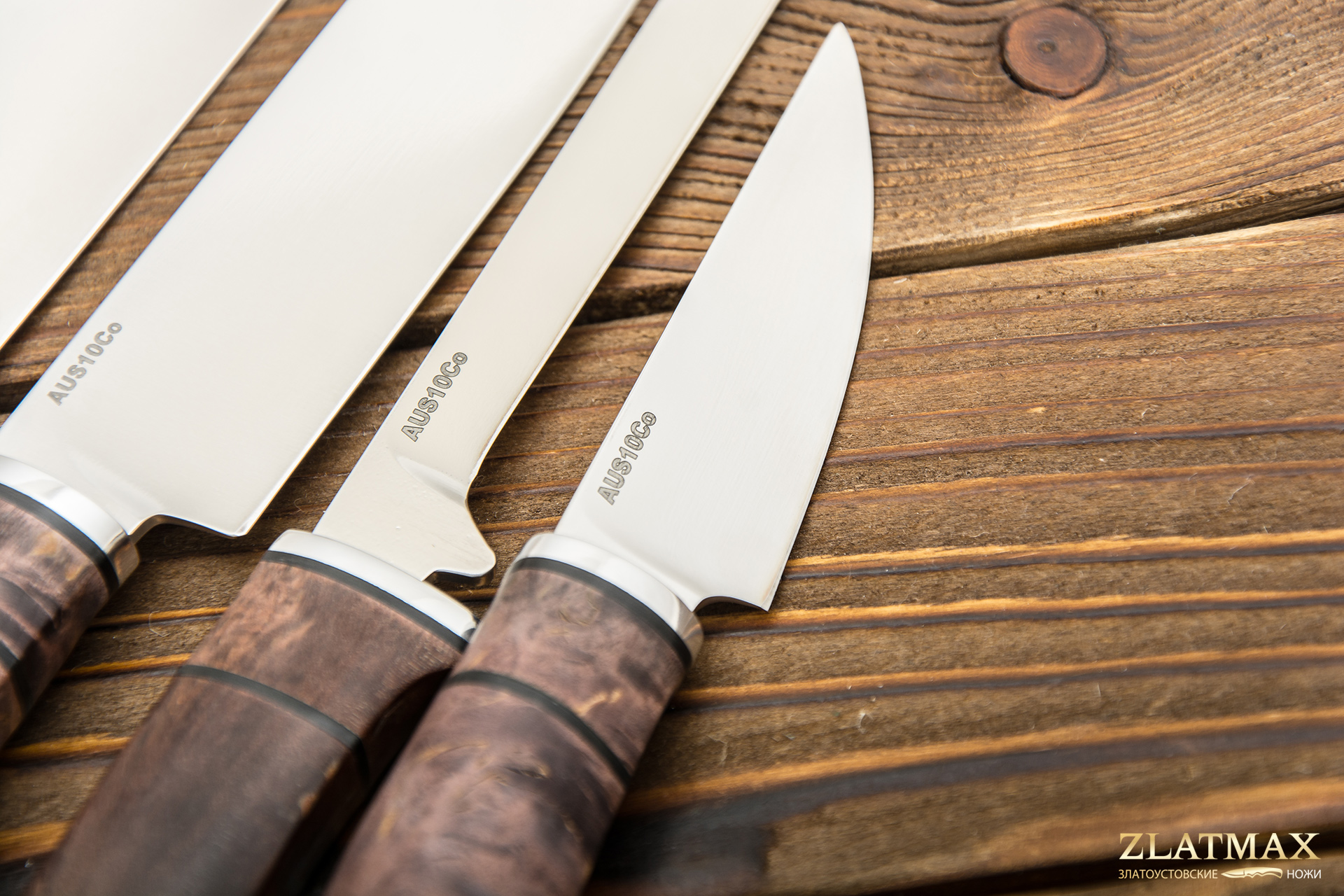 Набор кухонных ножей Кухонная четвёрка (AUS10Co, Стабилизированная карельская береза, Алюминий)