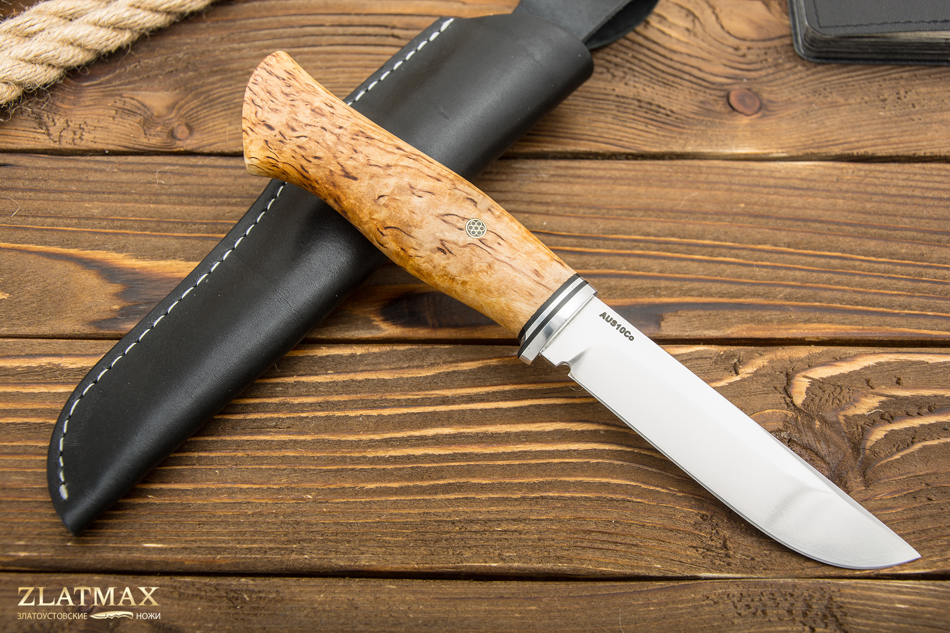 Нож Вукху (AUS10Co, Карельская берёза, Алюминий, Полировка клинка)
