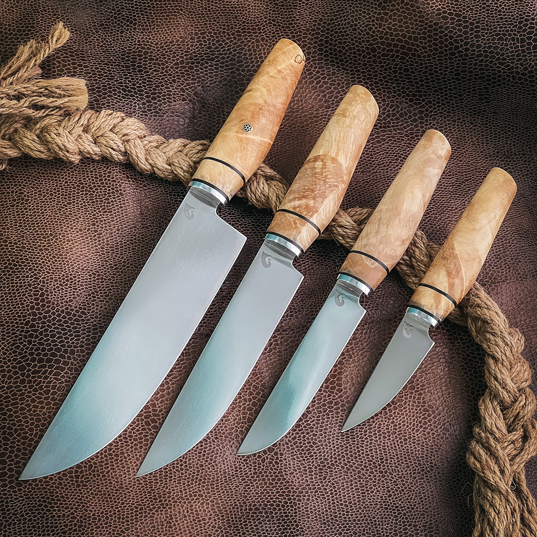Ножи «Кухонная четверка №1» (AUS10Co, Стабилизированная карельская береза, Алюминий)
