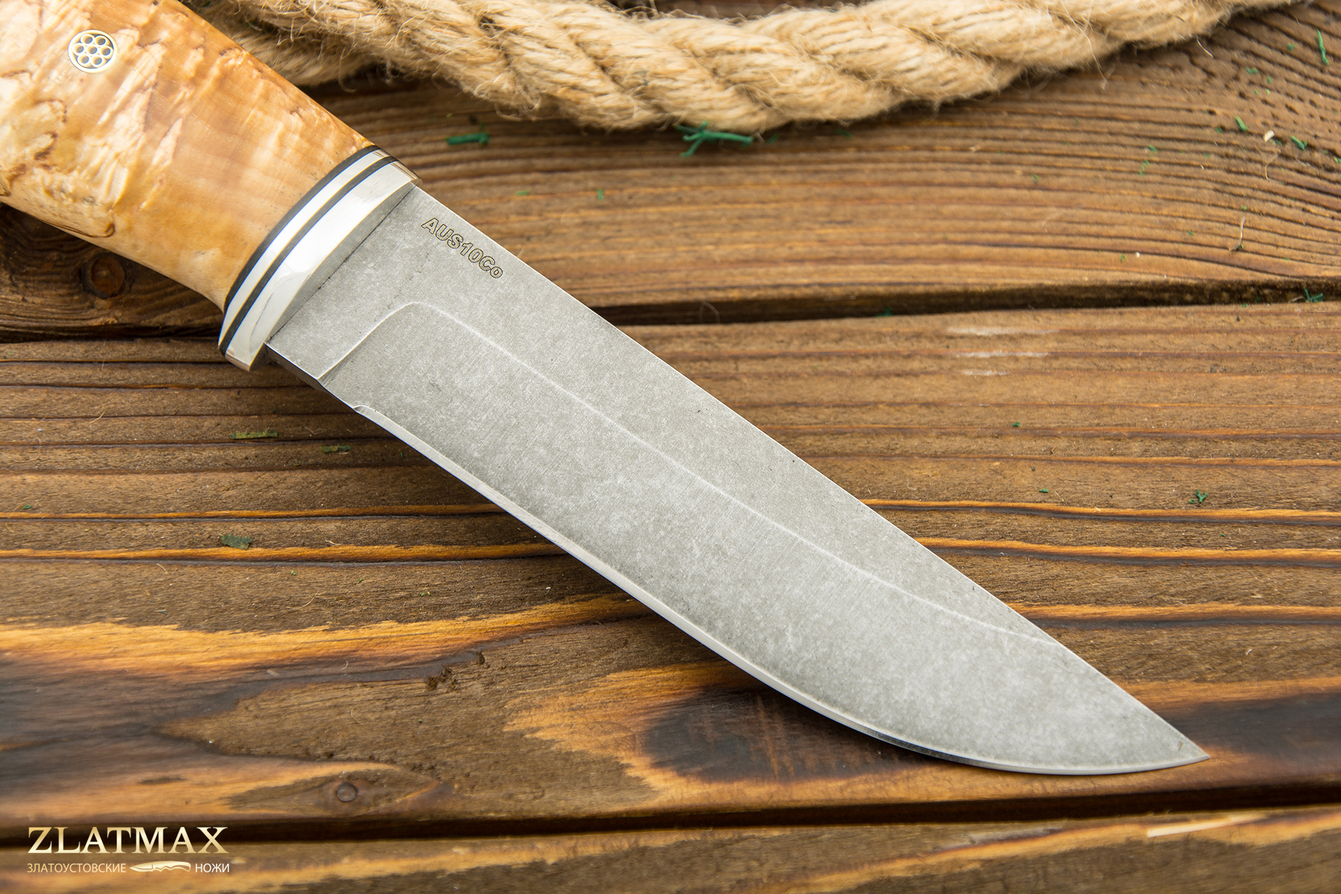 Нож Защитник (AUS10Co, Карельская берёза, Алюминий, Обработка клинка Stonewash)