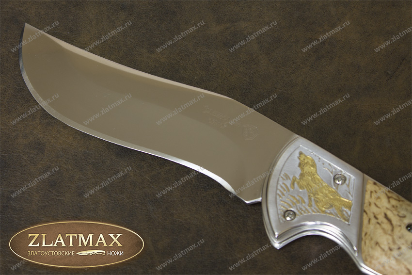 Складной нож Клык (40Х10С2М, Накладки карельская береза, Золочение клинка)