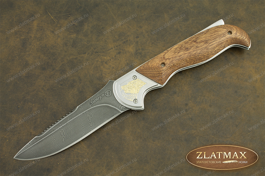 Складной нож Рысь (Дамаск, Накладки орех, Золочение)
