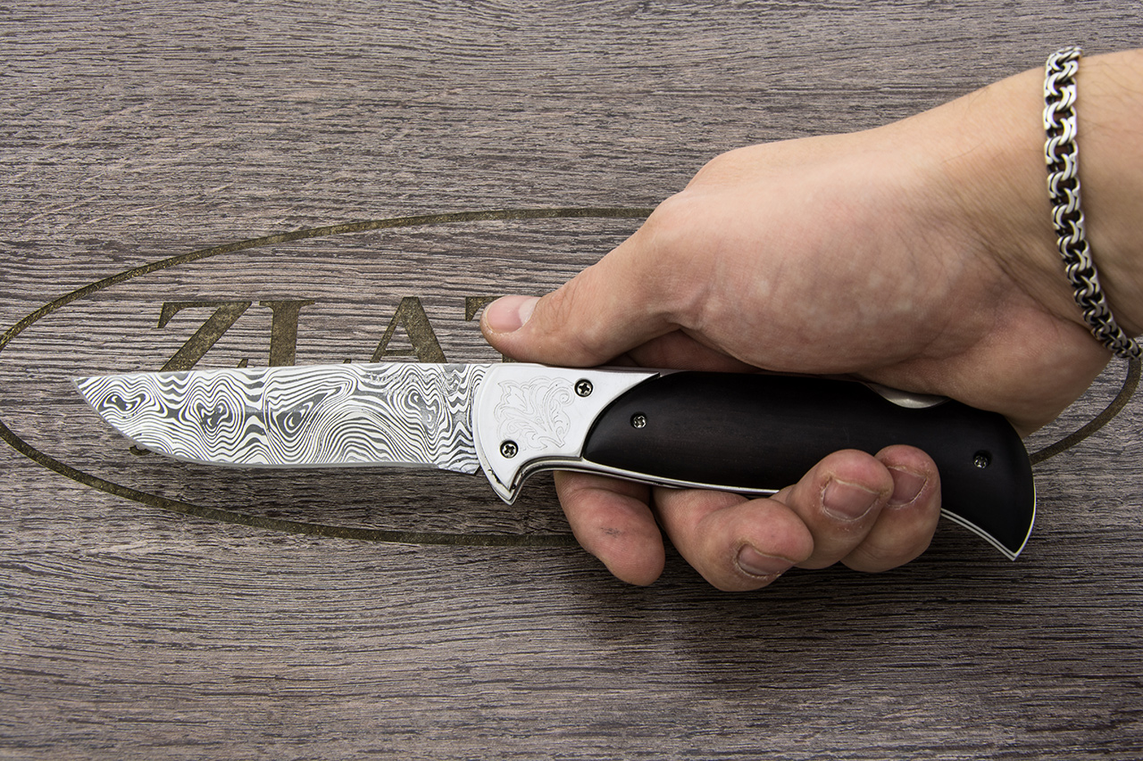Складной нож Ахиллес (40Х10С2М, Накладки граб, Имитация дамасского рисунка травлением )