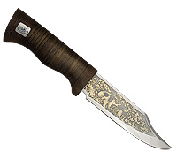 Нож Медведь (40Х10С2М (ЭИ-107), Наборная кожа, Текстолит, Золочение рисунка на клинке)