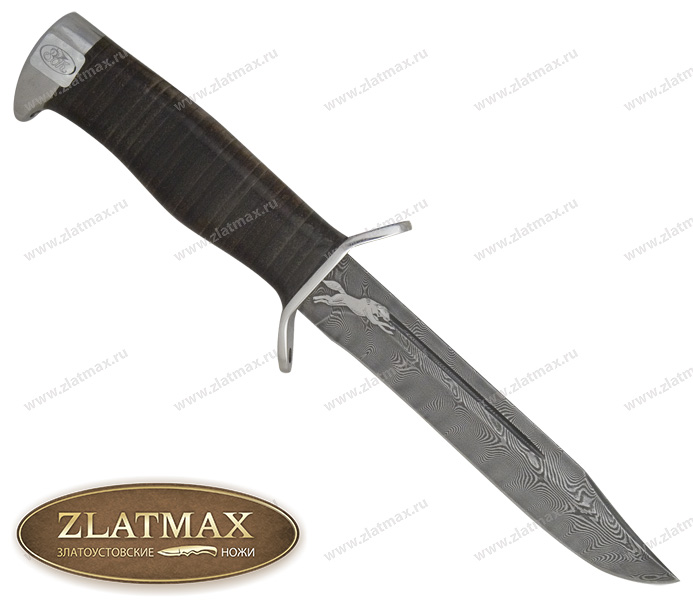 Нож Разведчик-2 с гардой (Дамаск, Наборная кожа, Нержавеющая сталь, Алюминий) фото-01