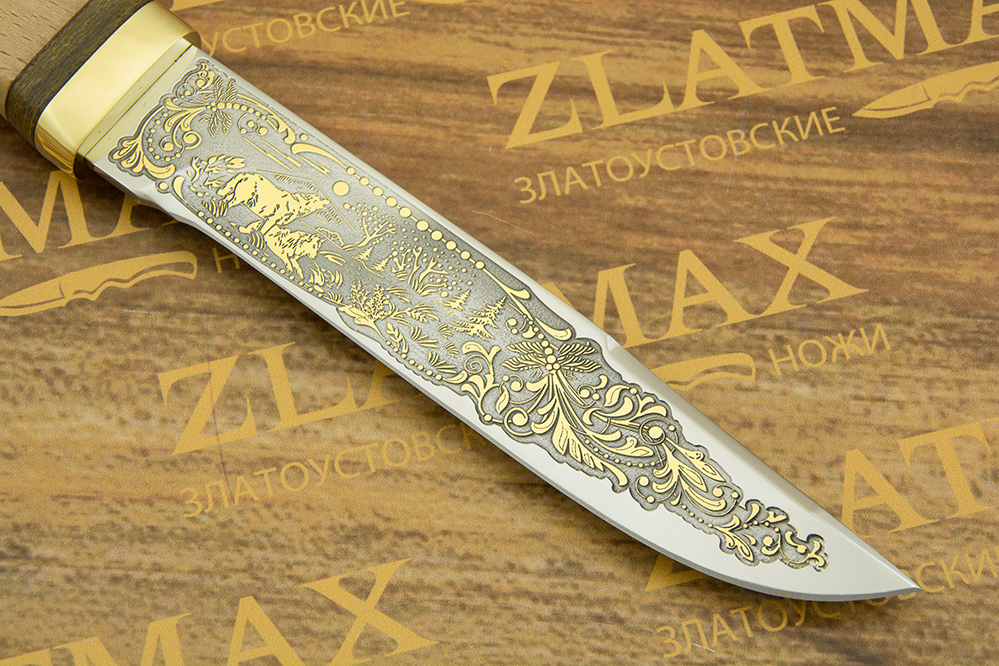 Нож Златоуст (40Х10С2М, Орех, Латунь, Золочение рисунка на клинке)