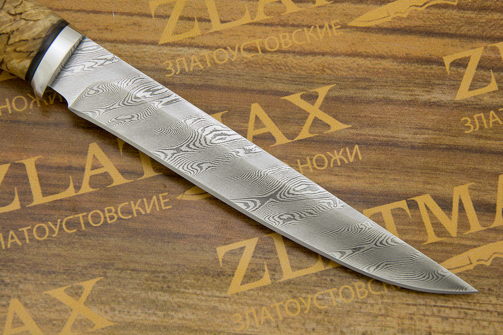 Нож НР12 (65Г-Х12МФ1 (Контрастный дамаск), Карельская берёза, Алюминий)