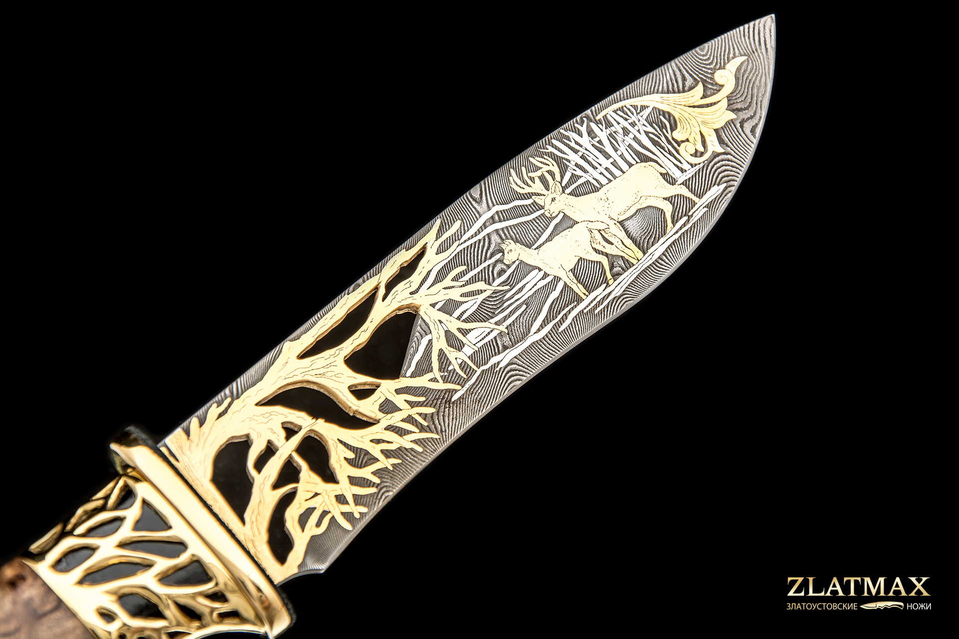Нож Н6 Сафари (Дамаск У10А-7ХНМ, Карельская берёза, Литьё, Золочение клинка гарды и тыльника)