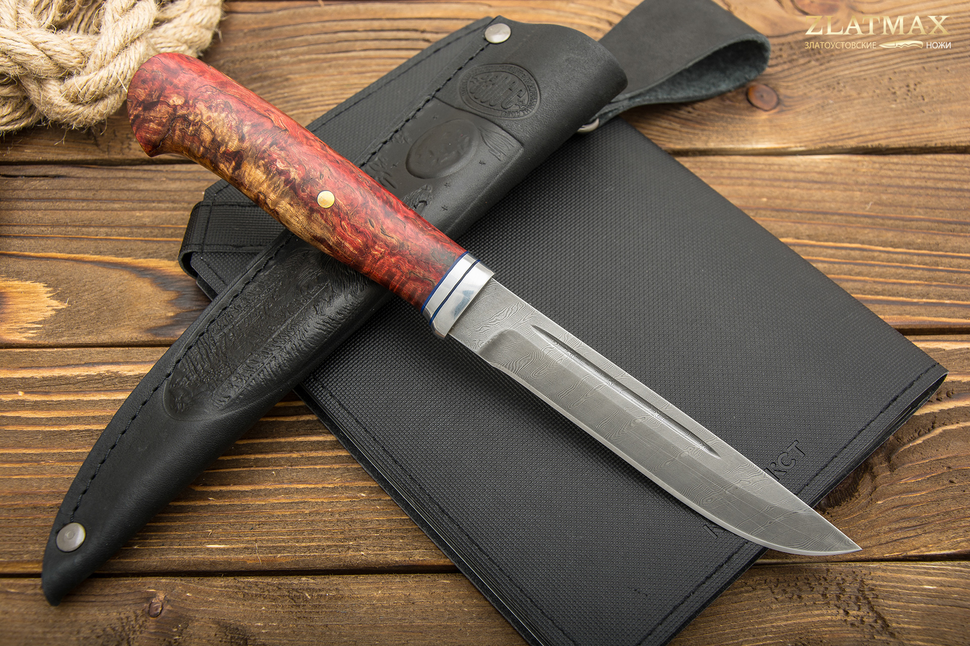 Нож Н85 Сканди (Дамаск У10А-7ХНМ, Стабилизированная карельская береза красная, Алюминий)