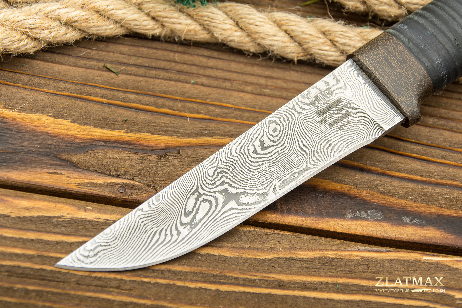 Нож Н14 Тифлис (65Г-Х12МФ1 (Контрастный дамаск), Наборная кожа, Текстолит)